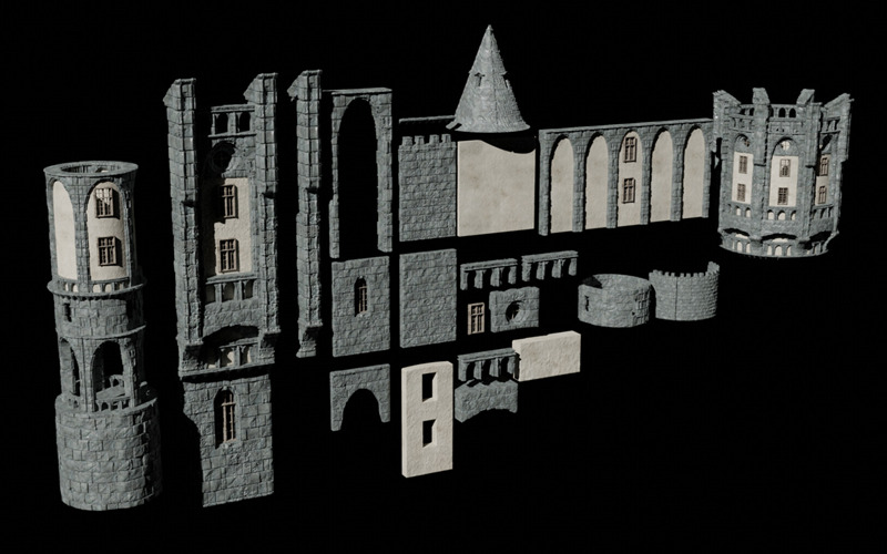 Blender城堡塔楼建筑外墙屋顶墙壁3D套件Blend/OBJ格式模型