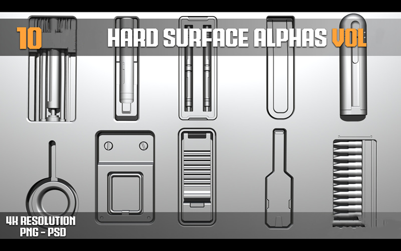 10款ZBrush硬表面机器人零件Alpha笔刷PSD/PNG格式设计素材