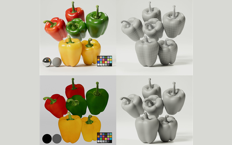 逼真辣椒青椒红椒食物3D模型辣椒蔬菜作物四边面带8K纹理贴图